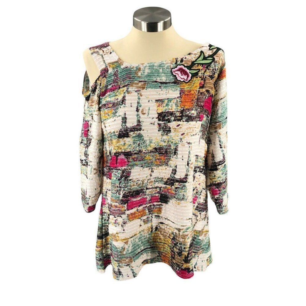 Mishca Womens Blouse Medium Multicolor Tunic Preshrunk Cold Shoulder 3/4 Sleeve